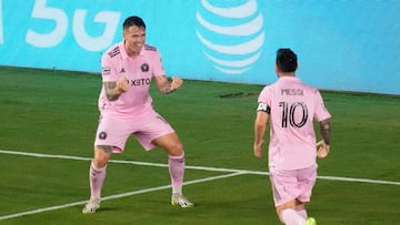 Inter Miami CF midfielder Robert Taylor (16) celebrates with forward Lionel Messi (10)